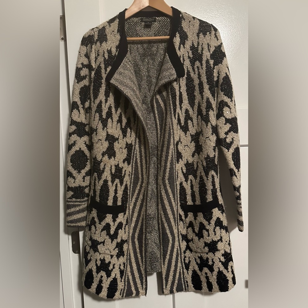 Lucky Brand Black and Cream Patterned Open Cardigan